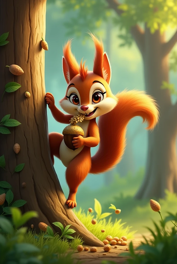 A squirre running up a tree with an acorn in in it's hands, and a mouth full of seeds, cartoon