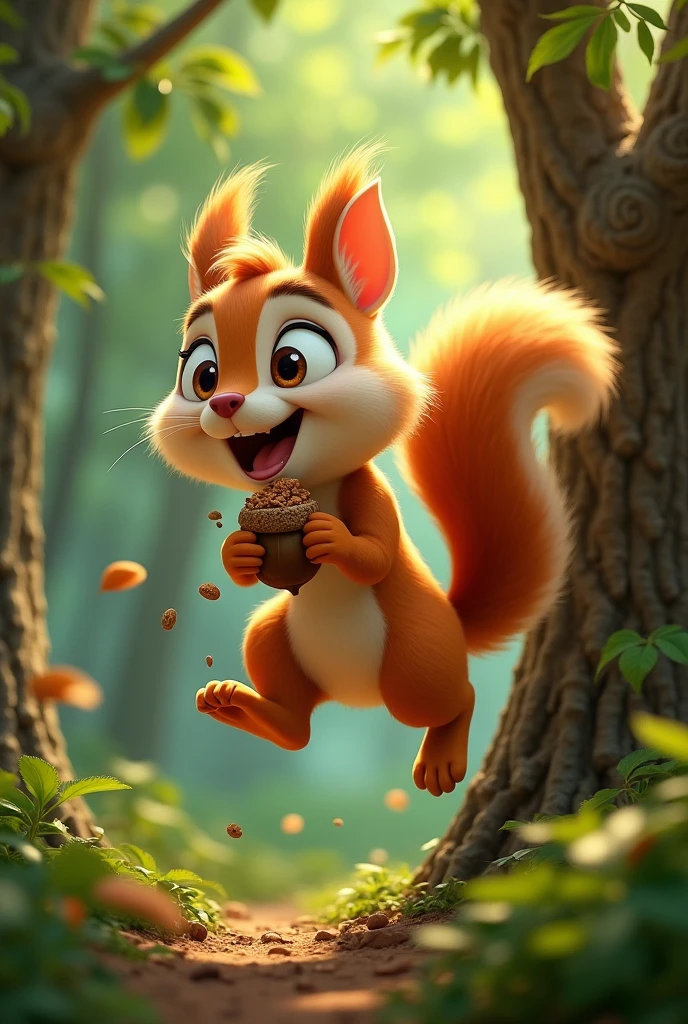 A squirre running up a tree with an acorn in in it's hands, and a mouth full of seeds, cartoon