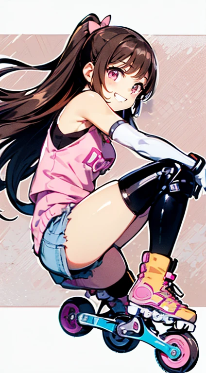 Highest quality、Smiling、((Dark brown long hair、Both sides up))、(((High resolution、Pink Roller Blades、Knee and elbow protectors)))、hilarious pose、Round droopy eyes