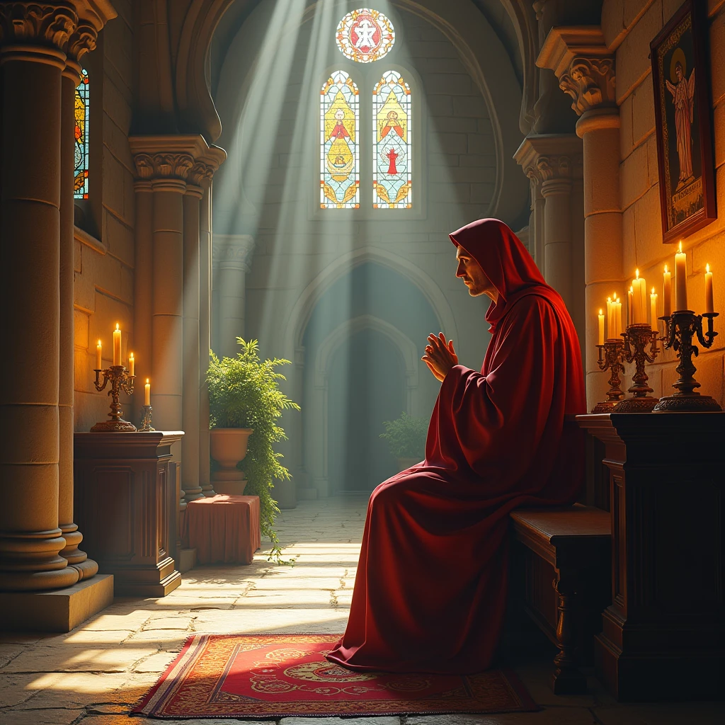 (best quality,realistic:1.37),Roman Catholic monk,serene expression,vibrant colors,majestic lighting,sunlight streaming through stained glass windows,detailed robe and hood,devotional atmosphere,silent prayer,candlelit altar,vibrant colors of the religious icons,peaceful monastery garden,ancient architecture,solemn and contemplative demeanor,subtle texture of the stone walls,highly detailed hand gestures,soft rays of sunlight illuminating the chapel,rich and deep color palette,meticulous attention to facial features,tranquil backdrop of the monastery courtyard,exquisite details on religious artifacts and symbols,enclosed courtyard surrounded by tall stone walls,peace and serenity,harmony between light and shadow,architectural grandeur