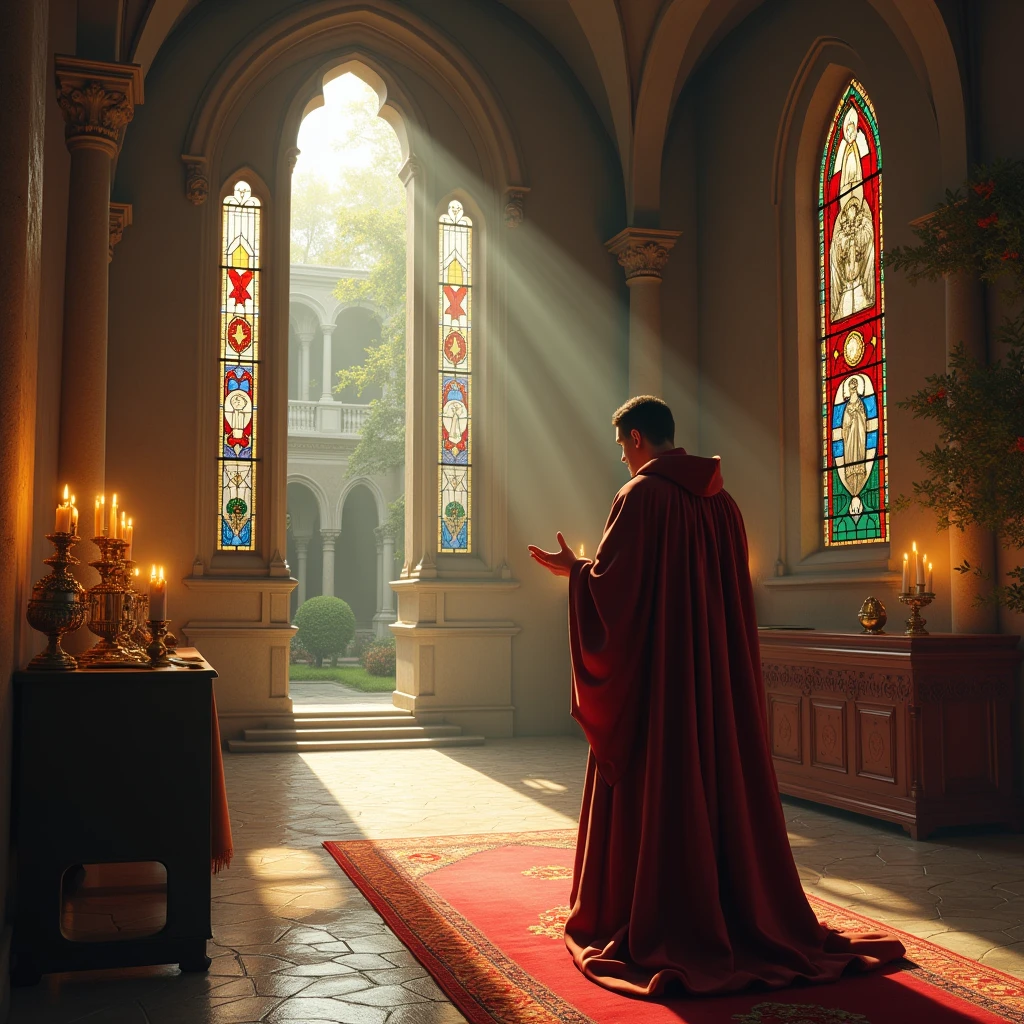 (best quality,realistic:1.37),Roman Catholic monk,serene expression,vibrant colors,majestic lighting,sunlight streaming through stained glass windows,detailed robe and hood,devotional atmosphere,silent prayer,candlelit altar,vibrant colors of the religious icons,peaceful monastery garden,ancient architecture,solemn and contemplative demeanor,subtle texture of the stone walls,highly detailed hand gestures,soft rays of sunlight illuminating the chapel,rich and deep color palette,meticulous attention to facial features,tranquil backdrop of the monastery courtyard,exquisite details on religious artifacts and symbols,enclosed courtyard surrounded by tall stone walls,peace and serenity,harmony between light and shadow,architectural grandeur
