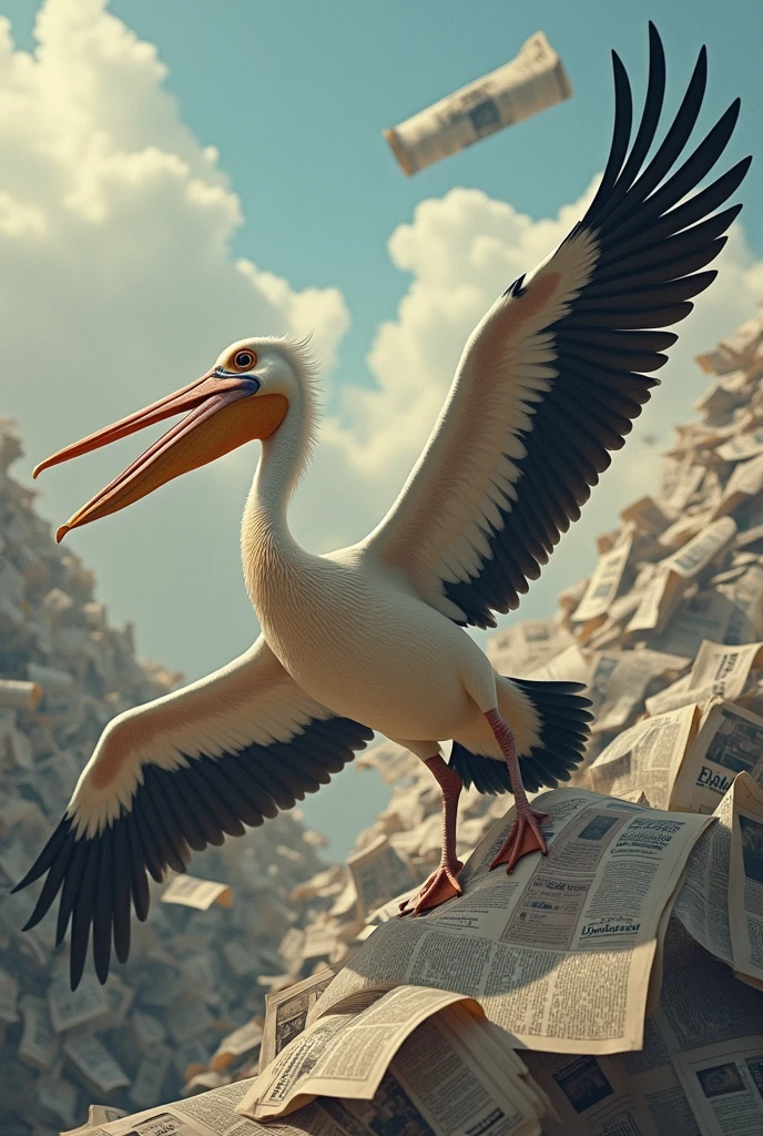 Pelican with a newspaper on its wing above many newspapers