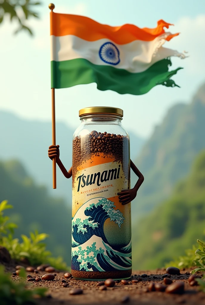 A coffee bottle named Tsunami holding an Indian flag for Independence Day