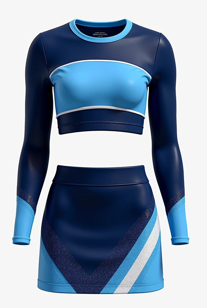 two-piece cheerleader uniform (short top and short skirt) colors: Navy blue, light blue and white
top: (short below bust) Navy blue con mangas largas desmontables con raya azul claro, the top is round neck, with a light blue top stripe. White at the bottom of the top to print the logo, y en la parte final inferior terminación con raya azul claro y Navy blue (raya vertical) . Gradient shimmer at the top of the top. Gradient shimmer at the bottom of the sleeves
skirt: stuck in a V shape at the top in light blue, el resto de la falda es Navy blue. Graded shine at the top of the skirt
Note: when we talk about shine, it refers to sequins and rhinestones superimposed
(use real reference model)