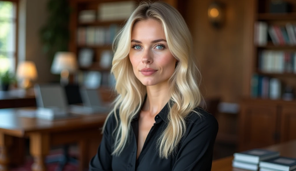 Real professional photography of a beautiful young adult woman, aged 35, with herself as the main subject. She should have fair, almost pale skin with a slight blush on her cheeks, long, straight platinum blonde hair and bright, expressive blue eyes that convey friendliness. Her lips should be pink and slightly defined. The woman should be looking directly at the camera, with a serious and thoughtful expression. She is wearing a black blouse, made of fine, elegant fabric, which contrasts with her hair and fair skin. The lighting should be natural, soft and lateral, evenly illuminating the man's face and creating subtle shadows. The blurred background should be of an office, adding depth to the image. Items such as tables, chairs, bookshelves, books, lamps and office objects should be present, but blurred so as not to distract the woman's attention. Use a warm, natural color palette, with wood tones and soft, natural lighting, creating a warm, professional atmosphere. The photograph should capture extreme detail, with a high-quality rendering in 8k, with professional photographic quality. The image must be high resolution with attention to detail and realism.