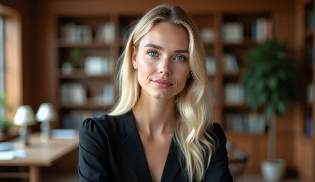 Real professional photography of a beautiful young adult woman, aged 35, with herself as the main subject. She should have fair, almost pale skin with a slight blush on her cheeks, long, straight platinum blonde hair and bright, expressive blue eyes that convey friendliness. Her lips should be pink and slightly defined. The woman should be looking directly at the camera, with a serious and thoughtful expression. She is wearing a black blouse, made of fine, elegant fabric, which contrasts with her hair and fair skin. The lighting should be natural, soft and lateral, evenly illuminating the man's face and creating subtle shadows. The blurred background should be of an office, adding depth to the image. Items such as tables, chairs, bookshelves, books, lamps and office objects should be present, but blurred so as not to distract the woman's attention. Use a warm, natural color palette, with wood tones and soft, natural lighting, creating a warm, professional atmosphere. The photograph should capture extreme detail, with a high-quality rendering in 8k, with professional photographic quality. The image must be high resolution with attention to detail and realism.