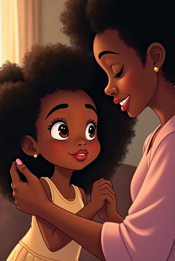 5 year old girl, black, shoulder-length curly and voluminous hair,Disney style, brown eyes and black hair with well-defined Negroid features and very angelic with her mother, who is gently combing her hair.