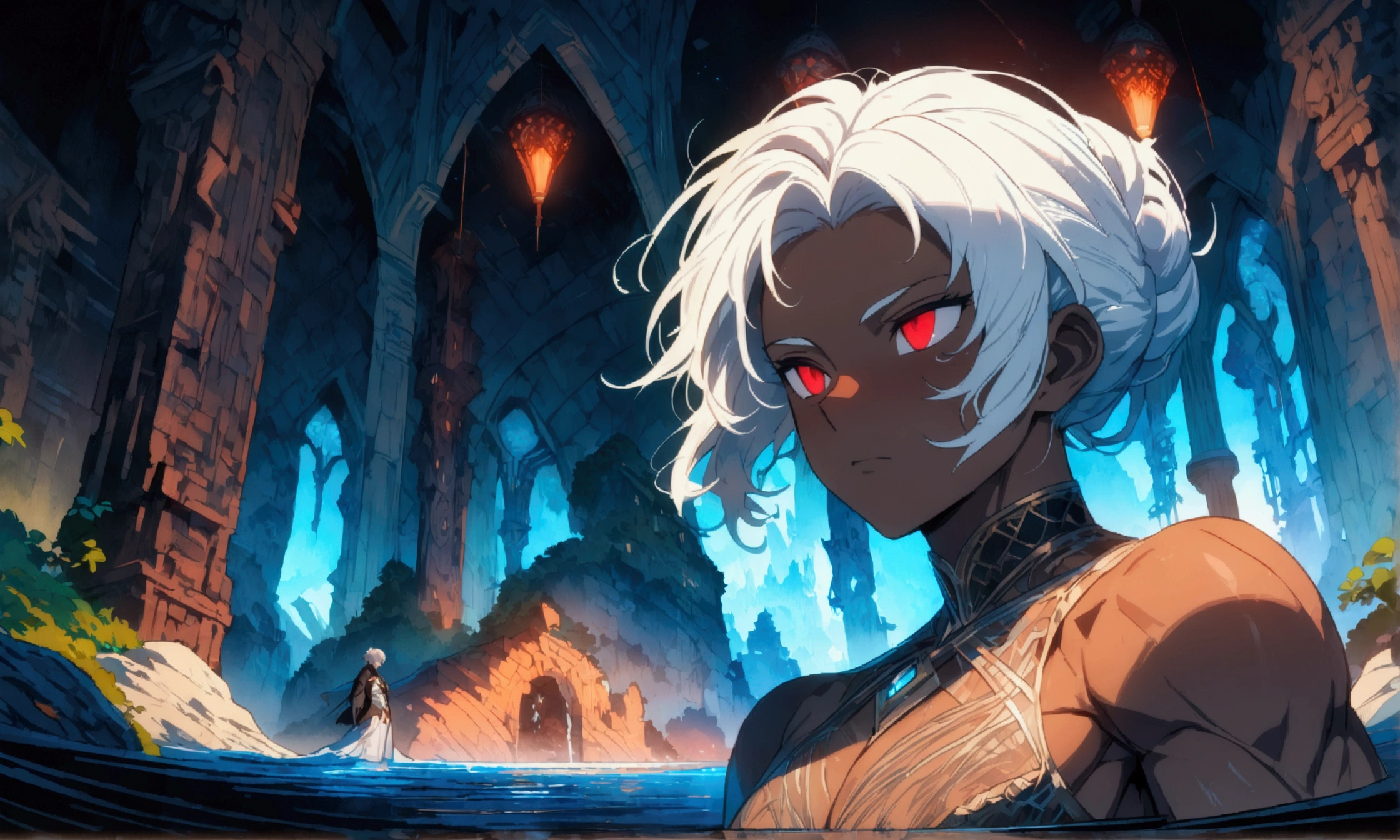 Muscular man, brown skin, messy white hair, vibrant red eye, open black robe, mocking expression, ((Intricate anime character design inspired by Haykuu)), ((stunning lighting)), ((fine lines)), ((stunning focus)), ((stunning face)), ((detailed focus)), ((detailed background)), ((ultra-fine 2D design)), ((scenery bathed in creativity)), ((2D masterpiece)), ((best quality), ((8K)), ((anime style))