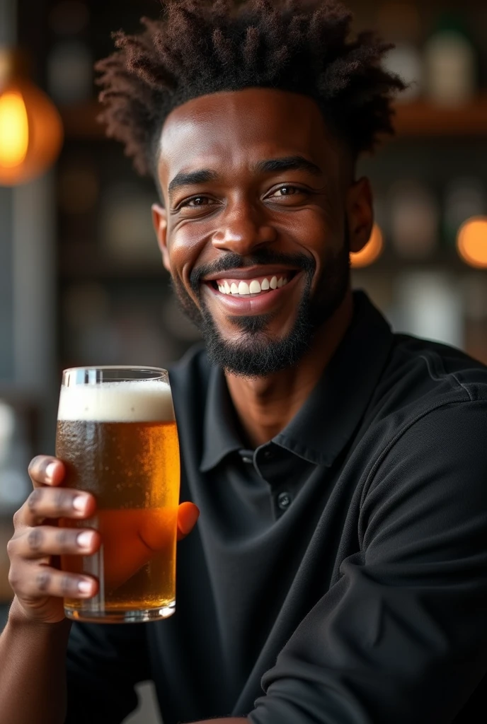 (best qualityer, 4K, 8k, high resolution, Masterpiece artwork: 1,2), ultradetailed, (realisitic, fotorrealisitic, fotorrealisitic: 1,37), adult man , brownhair, dark-skinned, perfect smile, captivating, Expressive, Masterpiece artwork, best qualityer, 8k, detailed skin texture, detailed fabric texture, beautiful and detailed face, details Intricate, ultra detaild, black jersey, holding a glass of beer, all-body.