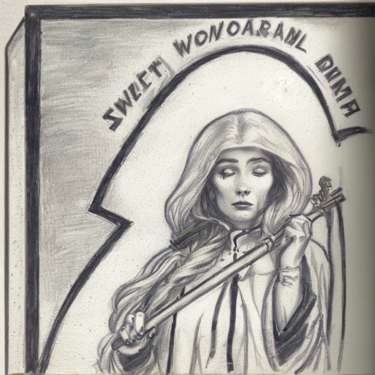 drawing of a woman with a braid and a scythe in her hand, death, Jan Toorop, wonderful, wonderful details, woman in a coat, grandma windbreaker, [ a mystic, medium close up, Bridget Derham, tragic ghost, sketch by Marta Jungwirth, inspired by Gerda Wegener, Detailed snapshot