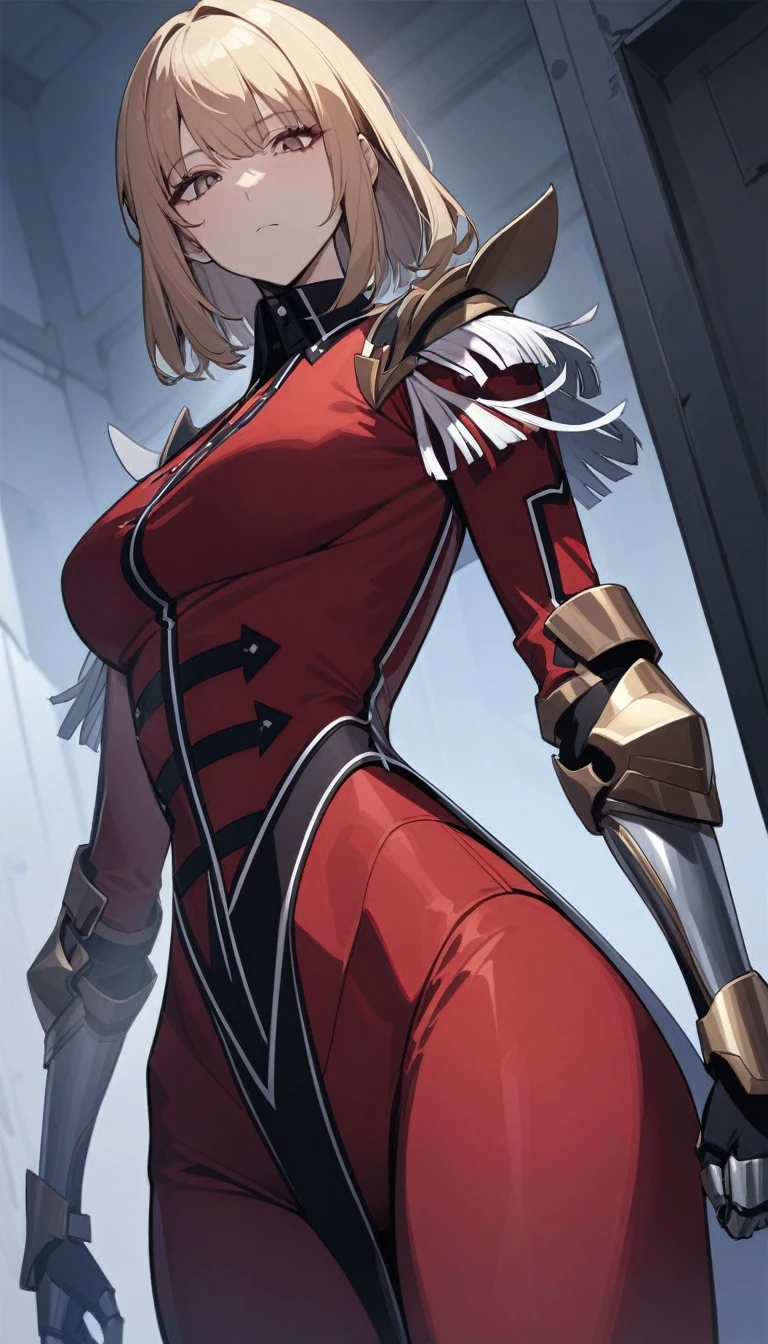 solo, 1girl, cha hae-in, expressionless, looking at viewer, blonde hair, red armor, black collar, shoulder armor, long sleeves, gauntlets, pelvic curtain, red leggings, masterpiece, best quality, rating: general, newest 