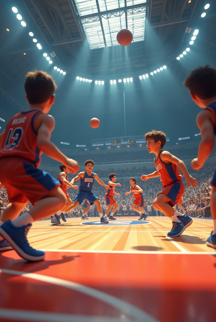 A basketball court with its respective players and people in the stands can be seen.
