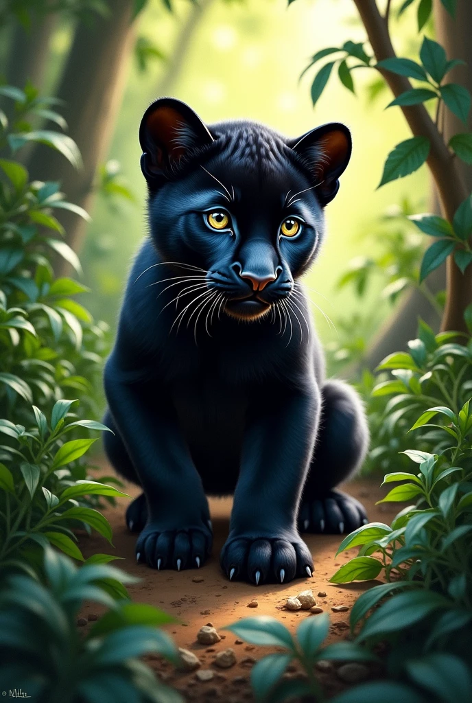 A black panther cub,taking a swipe, looking ahead, tender eyes in the jungle