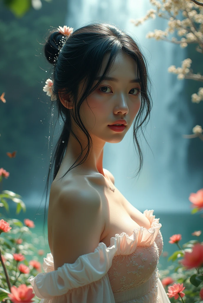 (((Full body image of a woman))),(Model shooting style), (shy), 1 person, Lonely, Shiny black hair、 Extremely rich facial detail, Beautiful Eyes, cute, Slightly red cheeks,bright, Lonely Eyes, Stunning beauty, (Rembrandt Lighting,Loop Lighting,Butterfly Lighting),Shift Lens, ARRI Lenses, Surreal, (Skin with attention to detail:1.2),8k,ARRI ALEXA 35,Promise, Dramatic Rim Light,Sparkle Effect, high quality,Very delicate and beautiful, wonderful, In detail, masterpiece, Very detailed, High resolution,Best Shot, ((Best Shadow)),Exquisite contrast,Complex,Sharp focus, high quality, 1 Japan woman, alone.cute,Fuka Koshiba,Yuki Sakurai,Magnificent waterfalls,(water droplets,rainbow),Mist-like droplets,Wet,Lens flare,No sleeve,Frills,Beautiful breasts,Swallowtail butterfly,A butterfly flutters,Cool eyes,Glossy Lips,An ennui smile,Glowing Skin,Transparent skin,From above,((Open your arms)),Waistline,Beautiful nipples,((No shirt, Very good, Naked underneath, Bare chest, Barely covering her nipples)),((Wet, Her clothes are transparent, Her body and skin sweat)),((View from the rear, From above見た図, Bare back)),Bloom, Flowers are blooming everywhere,Front blur,ARRI 35mm Lens flare,Sparkling Eyes,Vivid Rouge