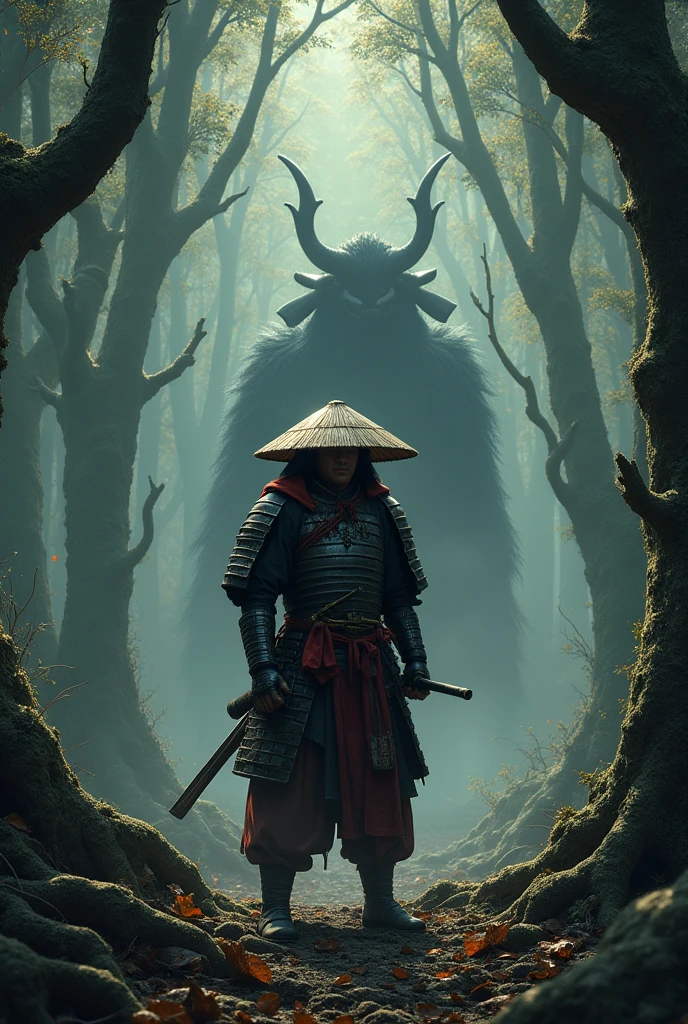 A lone samurai in a dense forest. He wears traditional samurai armor, worn and with black and red details. His face is partially hidden by a straw hat (kasa), being attacked by dark creatures.