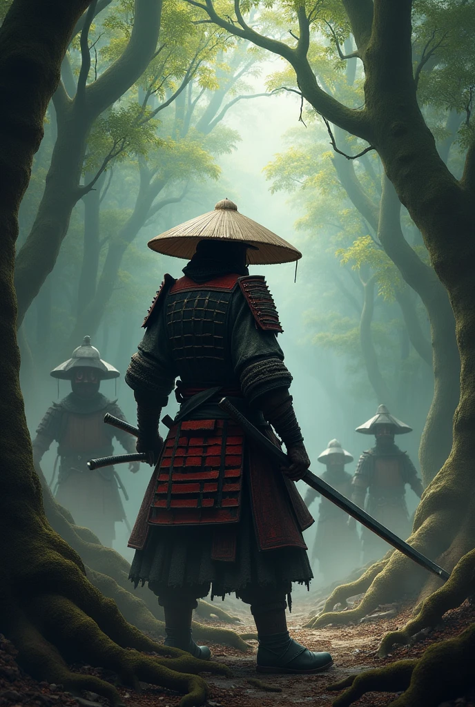 A lone samurai in a dense forest. He wears traditional samurai armor, worn and with black and red details. His face is partially hidden by a straw hat (kasa), being attacked by dark creatures.