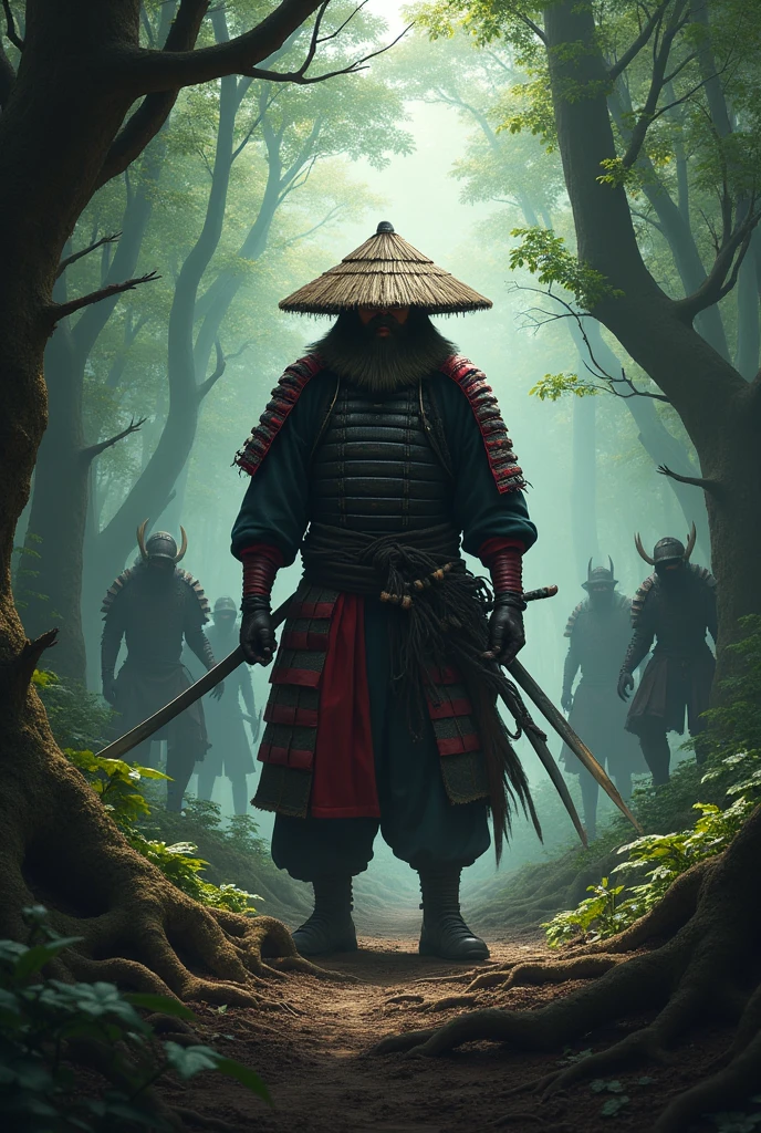 A lone samurai in a dense forest. He wears traditional samurai armor, worn and with black and red details. His face is partially hidden by a straw hat (kasa), being attacked by dark creatures.