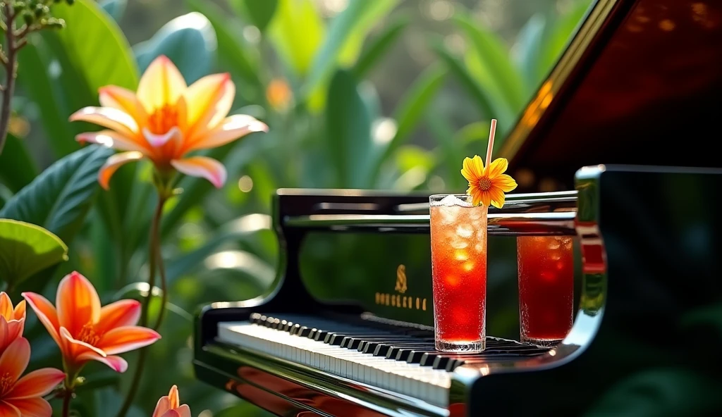 Grand Piano in a lush tropical garden, with a close-up capturing a drink on the piano and the natural flowers, showing off your natural charm and outgoing personality.