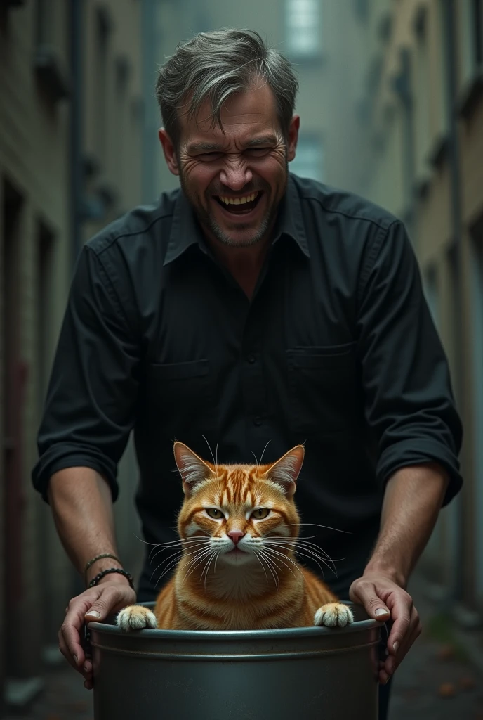Ek creepy smart man jisne black shirt pehna h wo jor jor se haste huye ginger cat ko ek steel k dustbin k aage lekar khada h