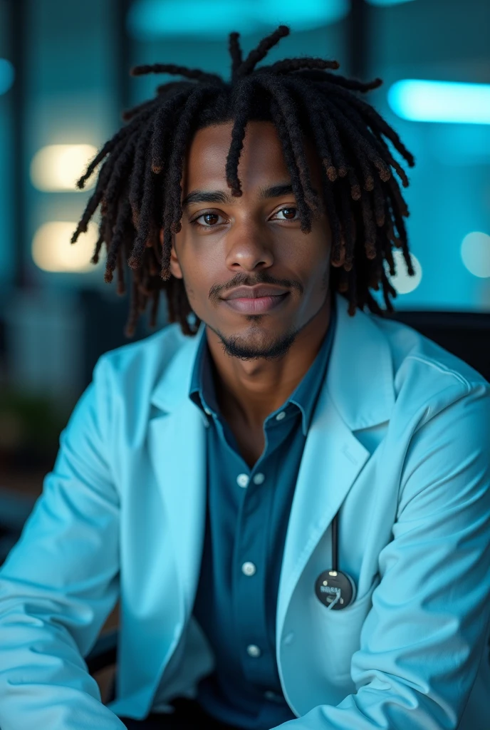 hyper realistic portrait of Luka sabbat, 18 years old, with, dreadlock style, black hair and brown eyes. male, guy, handsome, he should have a natural, approachable expression and be lit by soft, blue light, canon eos r5, raw format, sitting in a panoramic corner office of Neo New York, modern office with detailed decoration and background is the setting, full body, wearing a lab coat, no beard