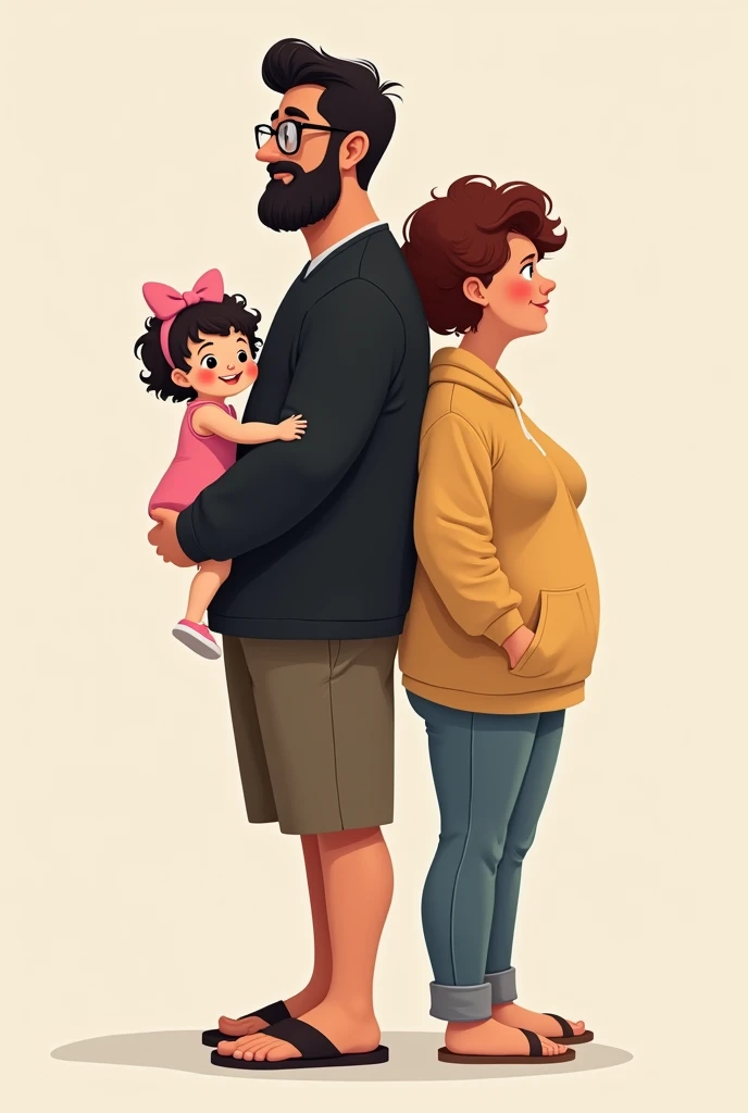 Tall man wearing black prescription glasses with black wavy hair, a little full-bodied, shorts, flip-flops and a black long-sleeved shirt holding hands with a white child with curly hair and a pink bow wearing a pink dress, holding hands with a woman with short, curly, dark red hair, all back to back