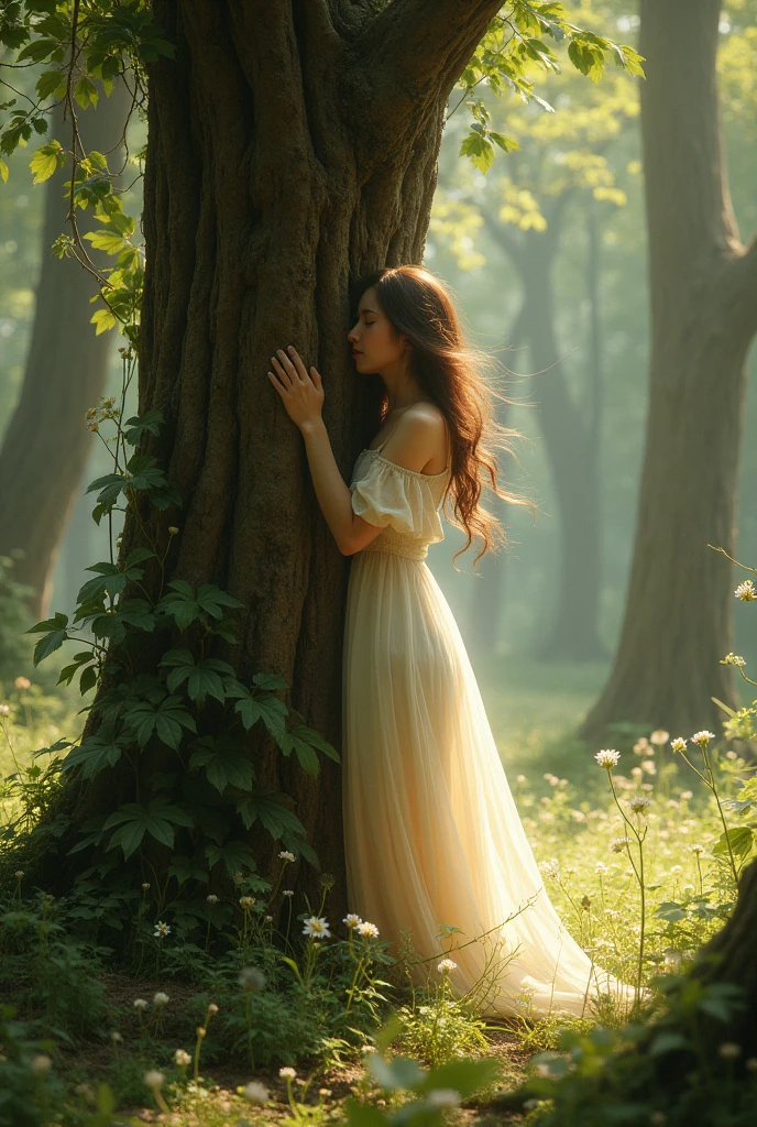 Create a woman hugging a tree