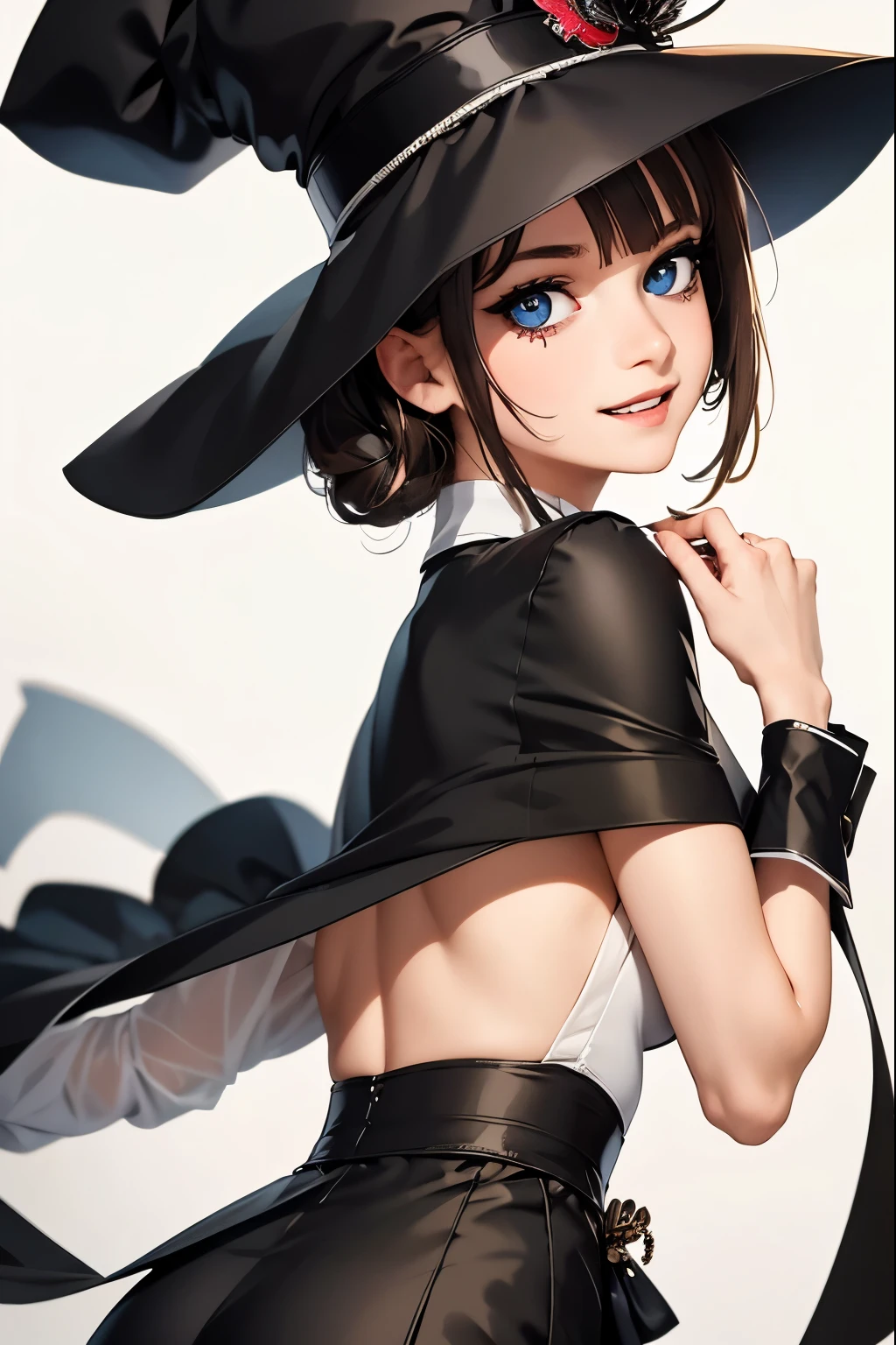 8620 (maitetsu),8620 (uniform),masterpiece, best quality, ultra-detailed, illustration,black dress,hat,looking back,:d,white background,((Eye highlights))