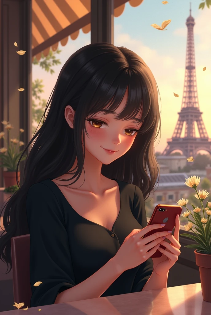 A girl with black hair, seeds, long, long eyelashes, round nose, happy, dressed in black, listening to Taylor Swift music, in a cafe near the Eiffel Tower while looking at her phone