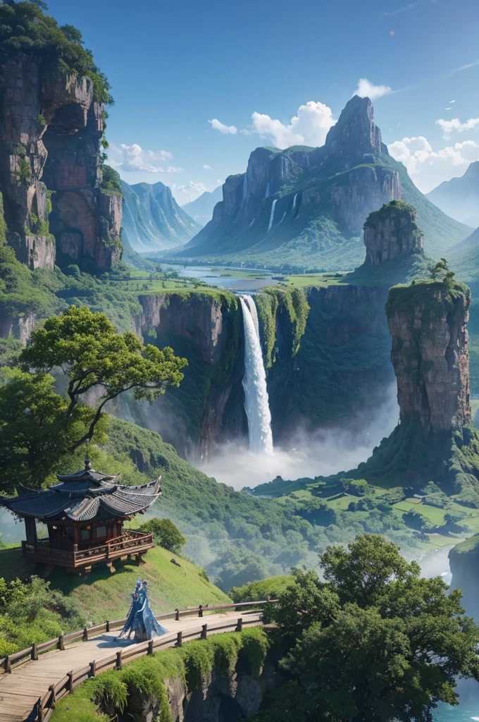 Waterfall can be seen from Alavde,There is a pagoda and a waterfall in the background, Fantasy painting,Lovely, Landscape Artwork, Game Art Painting, Illustrations, Dota! Concept Art, Dota Concept Art, 2. 5D CGI anime fantasy artwork, Dreamy Matte, Fantasy painting, Avatar Landscape, Game map painting