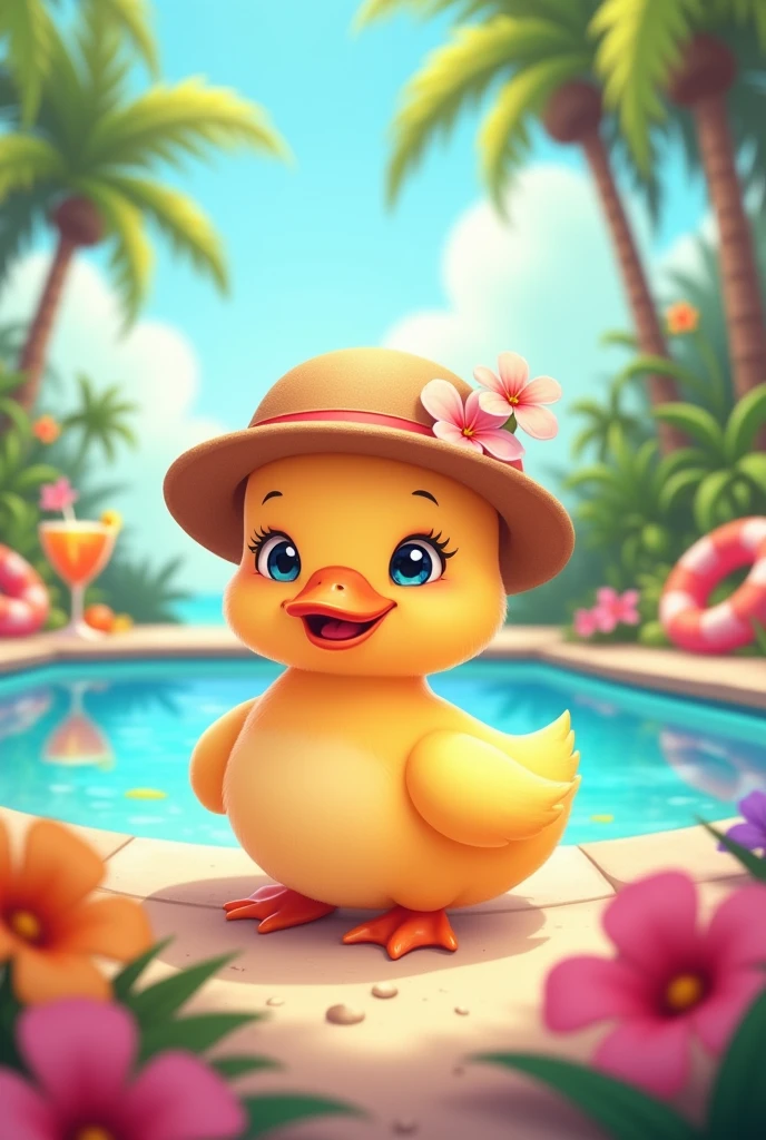 Cute Baby duck ,soft pink,flowers, hat with flowers, Swimmingpool sun palmtrees Cocktail cartoon swimming tires
