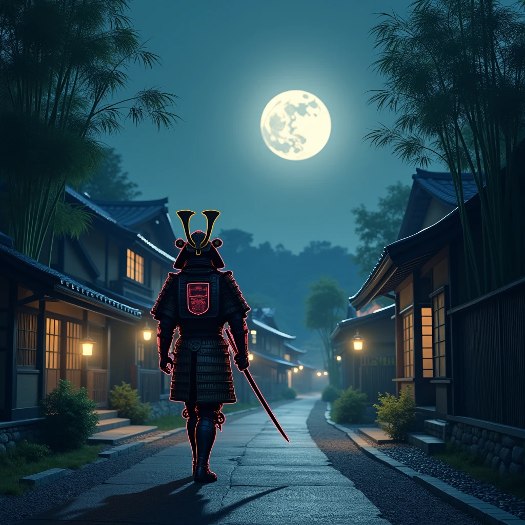 An old Japanese village at night, with traditional wooden houses surrounded by tall bamboo under a bright full moon, as a lone samurai in armor, helmet, and weapon in his hand walks down a quiet road. Outline the Samurai with neon light. Samurai wearing a golden and red armor and helmet.