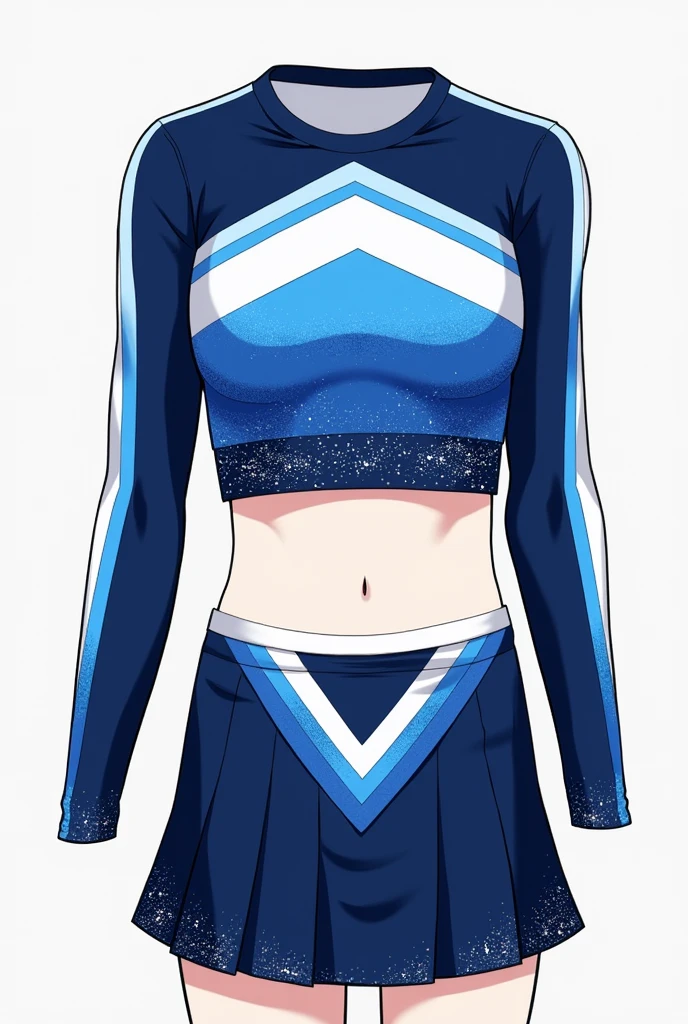 two-piece cheerleader uniform (short top and short skirt) colors: Navy blue, light blue and white
top: (short below bust) Navy blue con mangas largas desmontables con raya azul claro, the top is round neck, with a light blue top stripe. White at the bottom of the top to print the logo, y en la parte final inferior terminación con raya azul claro y Navy blue (raya vertical) . Gradient shimmer at the top of the top. Gradient shimmer at the bottom of the sleeves
skirt: stuck in a V shape at the top in light blue, el resto de la falda es Navy blue. Graded shine at the top of the skirt
Note: when we talk about shine, it refers to sequins and rhinestones superimposed
(use real reference model)