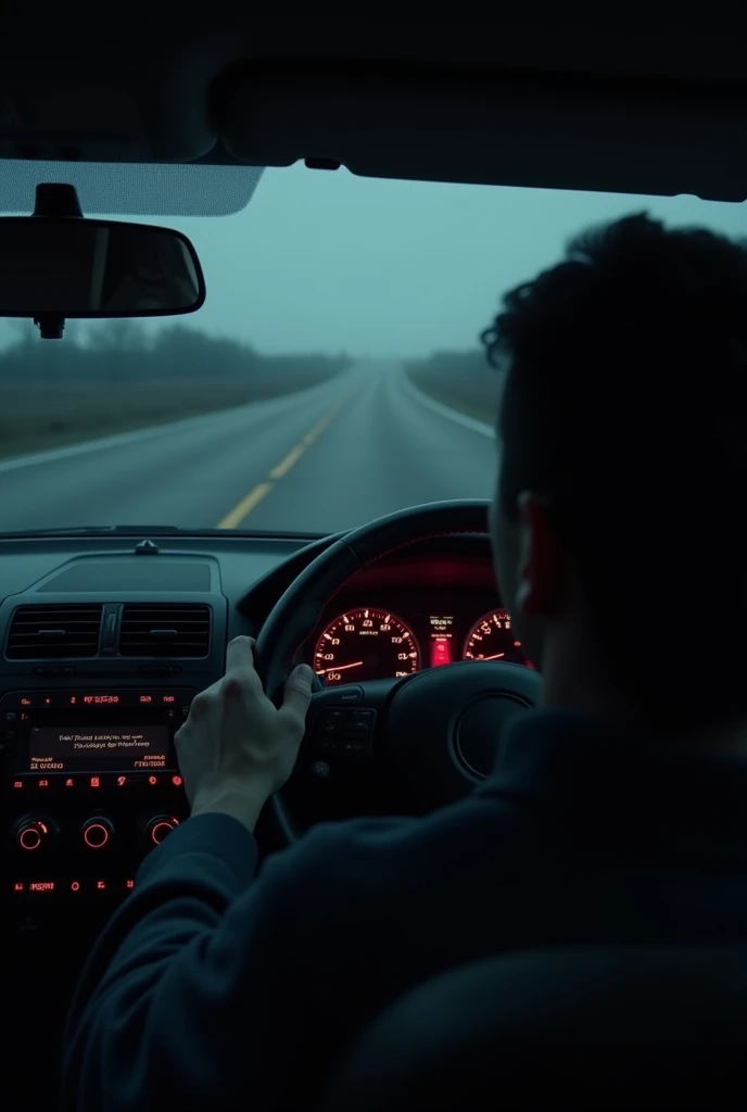 A scene of an car in an dark road with no cara and point of view inside the car you are the drriver
