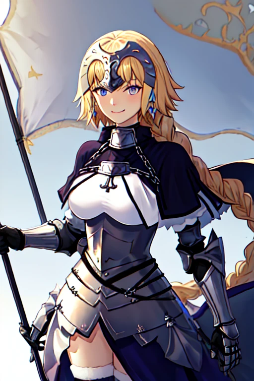 best quality, masterpiece, highres, solo, {jeanne_d_arc_fgo:1.15}, blonde_hair, long_hair, blue_eyes, breasts, very_long_hair, headpiece, smile, braid, gauntlets, single_braid, large_breasts, bangs, chain, 1girl, armor, armored_dress, capelet, holding, looking_at_viewer, purple_eyes, closed_mouth, flag, upper_body, blue cape, cloak