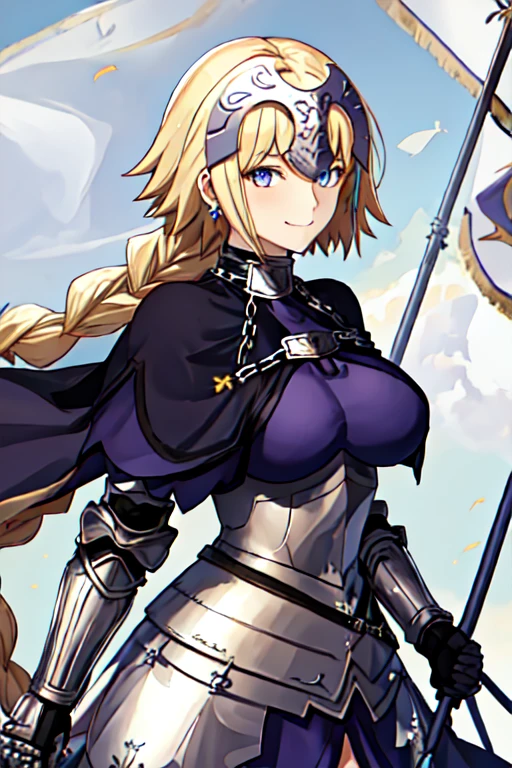 best quality, masterpiece, highres, solo, {jeanne_d_arc_fgo:1.15}, blonde_hair, long_hair, blue_eyes, breasts, very_long_hair, headpiece, smile, braid, gauntlets, single_braid, large_breasts, bangs, chain, 1girl, armor, armored_dress, capelet, holding, looking_at_viewer, purple_eyes, closed_mouth, flag, upper_body, blue cape, cloak