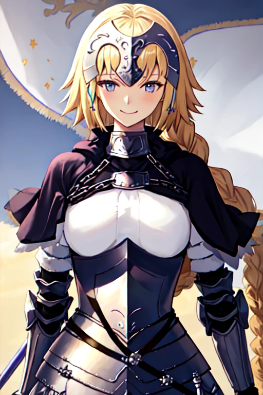 best quality, masterpiece, highres, solo, {jeanne_d_arc_fgo:1.15}, blonde_hair, long_hair, blue_eyes, breasts, very_long_hair, headpiece, smile, braid, gauntlets, single_braid, large_breasts, bangs, chain, 1girl, armor, armored_dress, capelet, holding, looking_at_viewer, purple_eyes, closed_mouth, flag, upper_body, blue cape, cloak