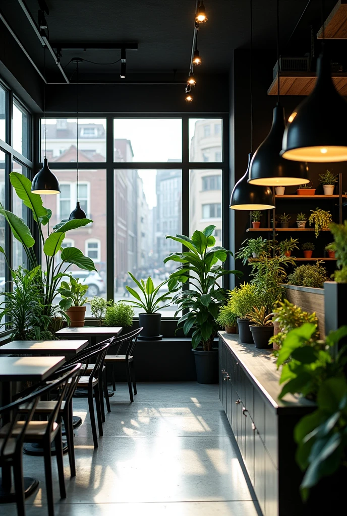 Create a cafe that includes a section where plants are sold.。Based on black