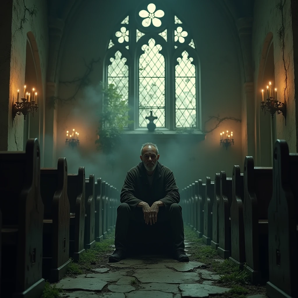 (best quality,Realistic:1.37),Escuro, Dirty-looking man sitting in an old abandoned church, detailed face expression,atmosfera empoeirada,ambiente assustador,Solemn and sinister illumination,vitrais,crumbling walls,trepadeiras e musgo crescidos,decaying wooden benches,artefatos religiosos negligenciados,velas levemente acesas,Haunting silence,A sense of desolation and mystery,Haunted spiritual presence,gothic architecture,Shadows Dramatic,remnants of religious iconography
