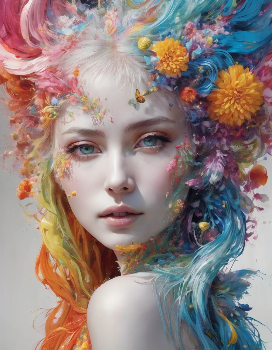 super-detailed airbrushing, digital art, fantasy art, an artistic portrait of something that does not even exist, detailed fur, ((white + background)), warm colors, floral watercolor technique, fabulous, particles, splashes of color, elements, Alberto Seveso, Karol Buck, Peter Saville, Ian Davenport, Felipe Pantone, Emmanuel Muro, magnificent, masterpiece, intricate details, highly detailed background, epic fantasy composition, award-winning illustration "fast negative if there are no animal ears on the hair of human characters, asymmetrical eyes of an animal and a girl, ugly, not photographed, blurred, out of focus, imperfect eyes, no symmetrical pupil in the eyes, no realistic floral logo, 2 heads, 2 faces, tiles, poorly drawn hands, squint, poorly drawn face, out of frame, extra limbs, disfigured, deformed, toy, sculpture, body out of shape frame, blurred, irregular anatomy, fuzzy, grainy, cropped, draft, duplicate, distortion of proportions, heterochromia, dots, poor quality, draft, deformed hands, double hand, disfigured, mutated, extra limb, missing limb, detached limbs, detached limbs, mangled, old, text, verbal sign, inscription, title. hyperrealism, Волк и баба Яга в лесу странном