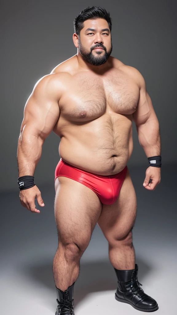 black hair, middle-aged man, individual, male, Muscular wrestler, muscular, Stout wrestler, Asian, Japanese, uncle, 55 year old middle-aged man, short hair, short hair, red wrestling boots, full body portrait, shadow, Vision, red briefs, obesity, 45 years old, short beard, middle-aged man, tattoo, fingerless gloves, Wheat skin, shiny skin, dark skin, Show your pectoral muscles, sumo wrestler, bodybuilder, wide temples, Visible abdominal muscles, Smile, Fine hands, solid color background, pure white background, Surrealism, Panorama, 8k, super detail,