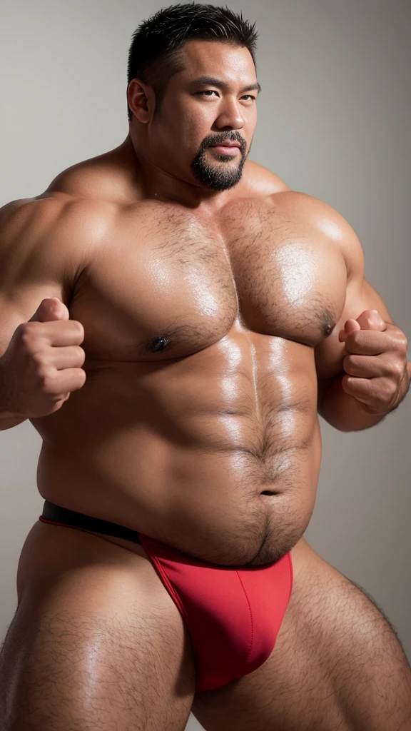 black hair, middle-aged man, individual, male, Muscular wrestler, muscular, Stout wrestler, Asian, Japanese, uncle, 55 year old middle-aged man, short hair, short hair, red wrestling boots, full body portrait, shadow, Vision, red briefs, obesity, 45 years old, short beard, middle-aged man, tattoo, fingerless gloves, Wheat skin, shiny skin, dark skin, Show your pectoral muscles, sumo wrestler, bodybuilder, wide temples, Visible abdominal muscles, Smile, Fine hands, solid color background, pure white background, Surrealism, Panorama, 8k, super detail,
