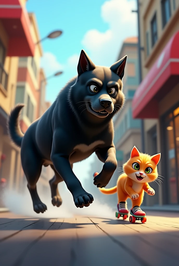 black dog running on two legs to a cat that flees on roller skates