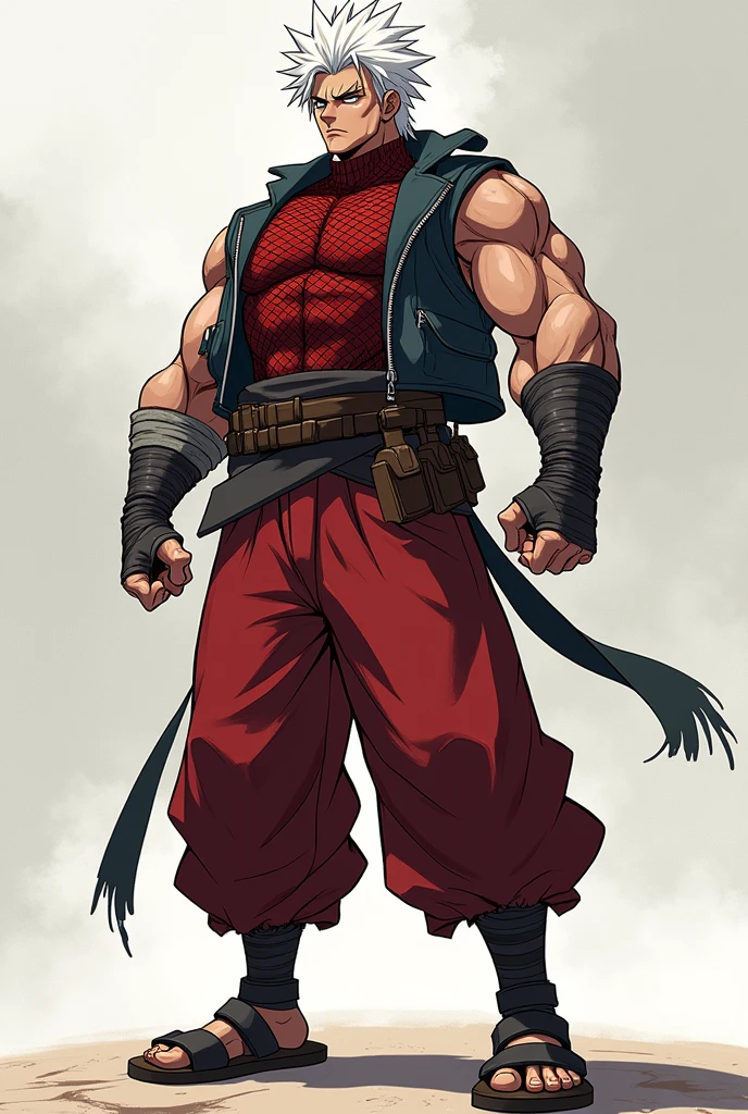 A dynamic illustration of Munashi Kurotani, a young but physically imposing 15-year-old character who stands 203 cm tall and has a muscular build. He has pure white hair and eyes. Munashi is dressed in a tight-fitting dark red shirt made of special mesh fabric with a high collar and no sleeves, paired with slightly loose red combat pants. He wears dark-colored ninja sandals. Over the shirt, he wears a sturdy, zipped combat jacket. His right arm features bandaged hands, while both legs have hip pouches with additional bandages wrapped around them. Capture him in a reflective or intense training pose, emphasizing his immense physical strength. The overall mood should convey his formidable presence, anime ART, webtoon ART, manga art