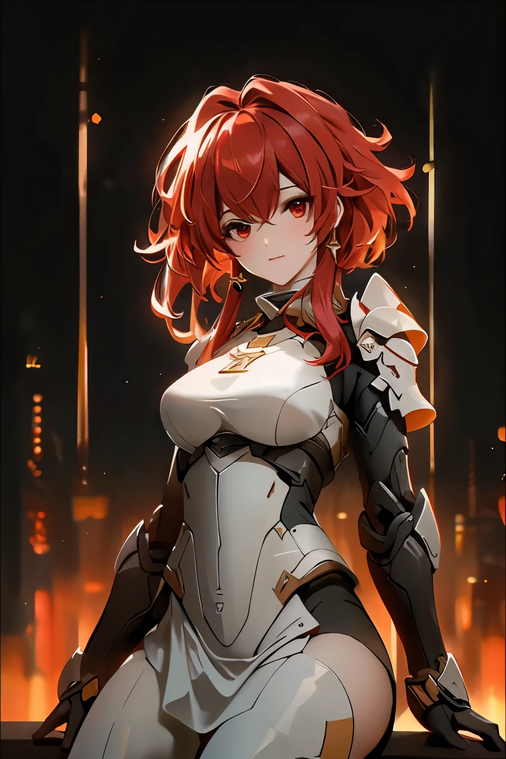 ((best quality)), ((Masterpiece)), (details:1.4), 3d, HDR (high dynamic range), an image of a beautiful cyberpunk female, Centre-parted bangs, Red hair, Red eyes, จมูกโด่ง, ปากแดง, หน้าอกใหญ่, nvidia RTX, PBR surface, After processing, Anisotropic filtration,depth of field, Maximum clarity and clarity, multi-layered surface, Subsurface scattering, perfect proportions, 8K raw files, ความละเอียดสุดยอด, Unreal 5, Perfect proportions, Octane Render, Two-tone lighting, Wide aperture, Low ISO, รายละเอียดดวงตา, crusader, Heavy armor,