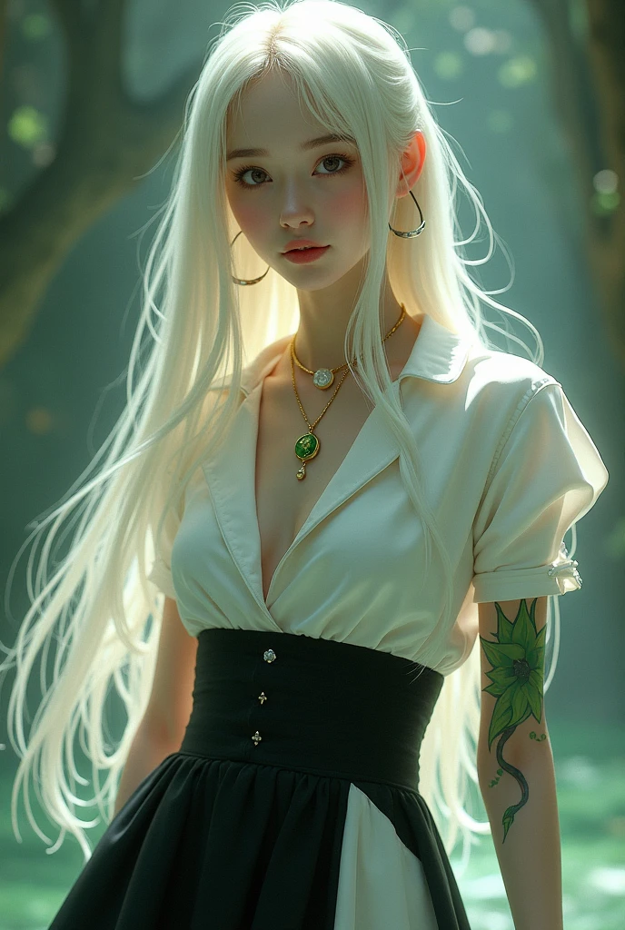 A real Vietnamese girl with long platinum hair wearing a closed shirt combined with a black and white thigh-high skirt,White skin, with a necklace containing magical energy around her neck and a green spider lily tattoo on the back of her left hand., Jet black eyes