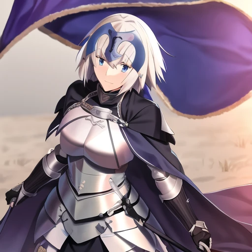 masterpiece, best quality, 1girl, jeanne d'arc (fate), jeanne d'arc (ruler) (fate), armor, armored dress, cape, cloak