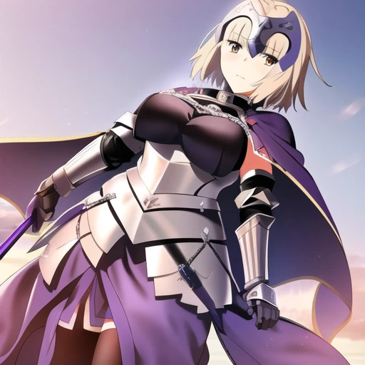 masterpiece, best quality, 1girl, jeanne d'arc (fate), jeanne d'arc (ruler) (fate), armor, armored dress, cape, cloak