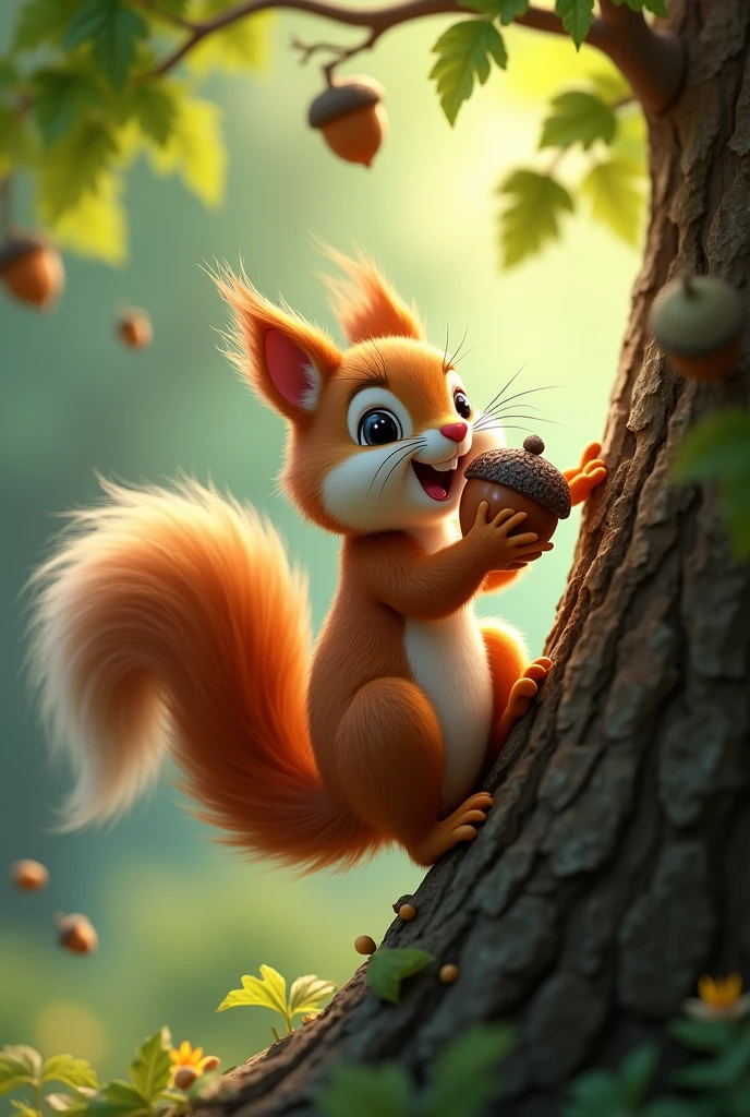 Squirrel running up a tree wirh an acirn in it's hands, and seeds in it's mouth