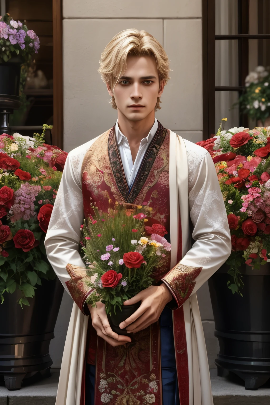 extremely delicate and beautiful, Amazing, finely detail, masterpiece, ultra-detailed, highres,best illustration, best shadow,intricate,sharp focus, high quality, 1male, solo, blond hair. red eyes, kaveh genshin impact, flowershop front, flowers in pots, flowers for sale
