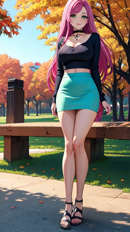 Masterpiece, raw, beautiful art, professional artist, 8k, art style by sciamano240, very detailed face, very detailed hair, 1 woman, perfectly drawn body, beautiful face, long hair, pink hair , very detailed green eyes , rosey cheeks, intricate details in eyes, playful smile, looking directly at viewer , in love with viewer expression, black chocker, lipstick, wearing cute fall clothes, light blue ribbed crop sweater, matching short light blue pencil skirt, full body view, standing, one foot on park bench, sunny day fall setting, focus on feet, cleavage exposed